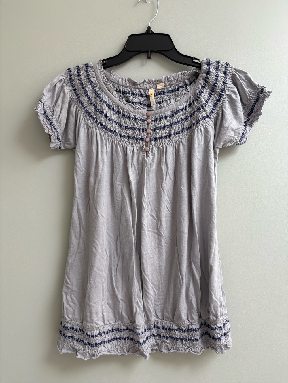Vintage Anthropologie Smocked Round-Neck Tunic in Light Gray Blue with Navy Trim